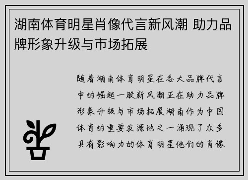 湖南体育明星肖像代言新风潮 助力品牌形象升级与市场拓展
